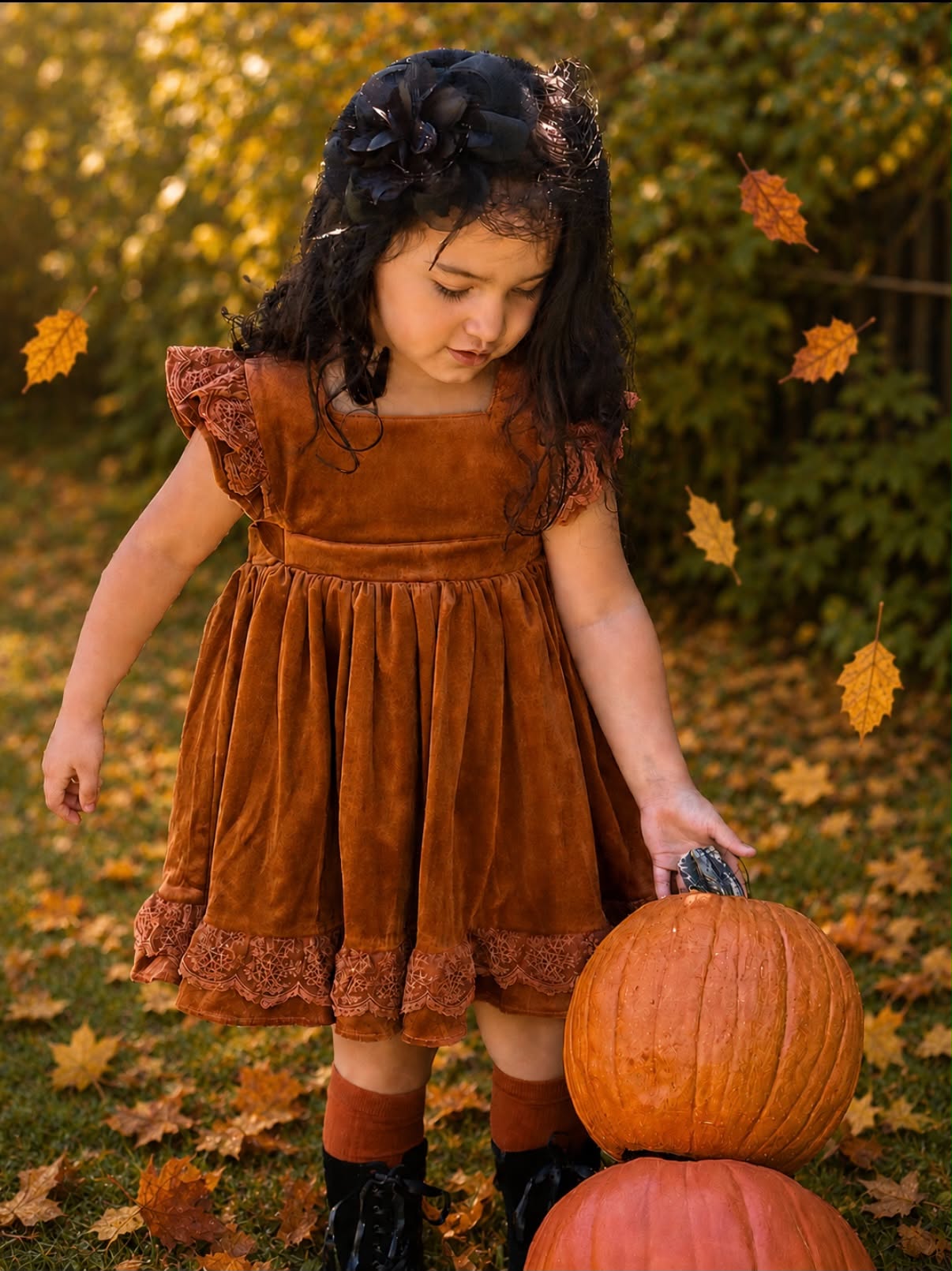 "Scarlett's Pumpkin Patch" Velvet Pinafore *PRE-ORDER